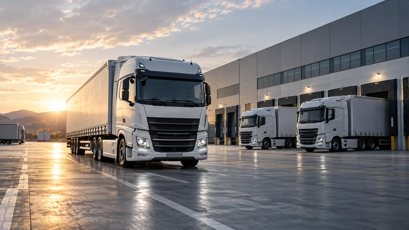 Flotă de camioane europene de transport marfă cu semiremorci, la centrul logistic, la răsărit